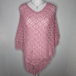 Floral Crochet Fringe Poncho Dusty Rose Pink One Size